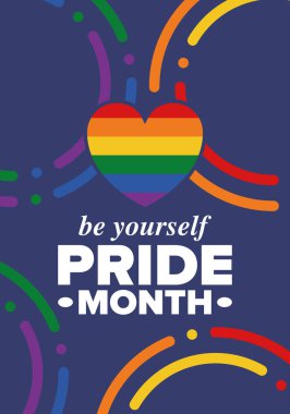 Haziran ayında LGBT Gurur Ayı. Lezbiyen Gey Biseksüel Transseksüel. Yıllık kutlama. LGBT bayrağı. Gökkuşağı aşk konsepti. İnsan hakları ve hoşgörü. Poster, kart, afiş ve geçmiş. Vektör illüstrasyonu