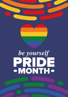 Haziran ayında LGBT Gurur Ayı. Lezbiyen Gey Biseksüel Transseksüel. Yıllık kutlama. LGBT bayrağı. Gökkuşağı aşk konsepti. İnsan hakları ve hoşgörü. Poster, kart, afiş ve geçmiş. Vektör illüstrasyonu