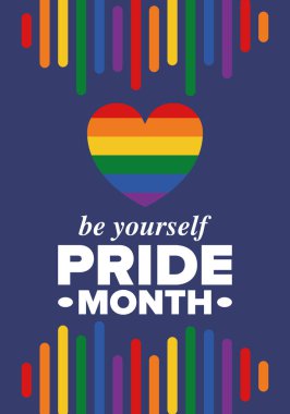 Haziran ayında LGBT Gurur Ayı. Lezbiyen Gey Biseksüel Transseksüel. Yıllık kutlama. LGBT bayrağı. Gökkuşağı aşk konsepti. İnsan hakları ve hoşgörü. Poster, kart, afiş ve geçmiş. Vektör illüstrasyonu