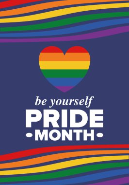 Haziran ayında LGBT Gurur Ayı. Lezbiyen Gey Biseksüel Transseksüel. Yıllık kutlama. LGBT bayrağı. Gökkuşağı aşk konsepti. İnsan hakları ve hoşgörü. Poster, kart, afiş ve geçmiş. Vektör illüstrasyonu