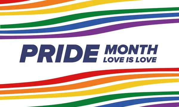 Haziran ayında LGBT Gurur Ayı. Lezbiyen Gey Biseksüel Transseksüel. Yıllık kutlama. LGBT bayrağı. Gökkuşağı aşk konsepti. İnsan hakları ve hoşgörü. Poster, kart, afiş ve geçmiş. Vektör illüstrasyonu