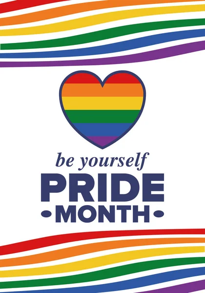 Haziran ayında LGBT Gurur Ayı. Lezbiyen Gey Biseksüel Transseksüel. Yıllık kutlama. LGBT bayrağı. Gökkuşağı aşk konsepti. İnsan hakları ve hoşgörü. Poster, kart, afiş ve geçmiş. Vektör illüstrasyonu