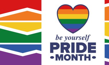 Haziran ayında LGBT Gurur Ayı. Lezbiyen Gey Biseksüel Transseksüel. Yıllık kutlama. LGBT bayrağı. Gökkuşağı aşk konsepti. İnsan hakları ve hoşgörü. Poster, kart, afiş ve geçmiş. Vektör illüstrasyonu