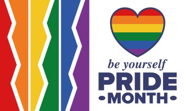 Haziran ayında LGBT Gurur Ayı. Lezbiyen Gey Biseksüel Transseksüel. Yıllık kutlama. LGBT bayrağı. Gökkuşağı aşk konsepti. İnsan hakları ve hoşgörü. Poster, kart, afiş ve geçmiş. Vektör illüstrasyonu