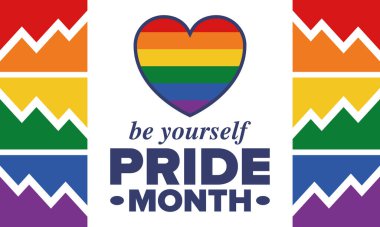 Haziran ayında LGBT Gurur Ayı. Lezbiyen Gey Biseksüel Transseksüel. Yıllık kutlama. LGBT bayrağı. Gökkuşağı aşk konsepti. İnsan hakları ve hoşgörü. Poster, kart, afiş ve geçmiş. Vektör illüstrasyonu