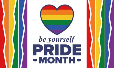 Haziran ayında LGBT Gurur Ayı. Lezbiyen Gey Biseksüel Transseksüel. Yıllık kutlama. LGBT bayrağı. Gökkuşağı aşk konsepti. İnsan hakları ve hoşgörü. Poster, kart, afiş ve geçmiş. Vektör illüstrasyonu