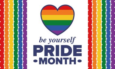 Haziran ayında LGBT Gurur Ayı. Lezbiyen Gey Biseksüel Transseksüel. Yıllık kutlama. LGBT bayrağı. Gökkuşağı aşk konsepti. İnsan hakları ve hoşgörü. Poster, kart, afiş ve geçmiş. Vektör illüstrasyonu