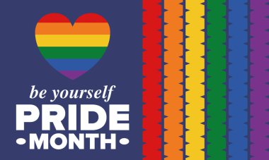 Haziran ayında LGBT Gurur Ayı. Lezbiyen Gey Biseksüel Transseksüel. Yıllık kutlama. LGBT bayrağı. Gökkuşağı aşk konsepti. İnsan hakları ve hoşgörü. Poster, kart, afiş ve geçmiş. Vektör illüstrasyonu