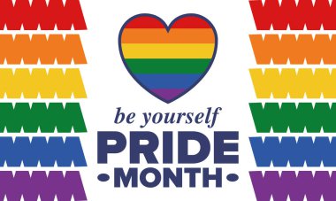 Haziran ayında LGBT Gurur Ayı. Lezbiyen Gey Biseksüel Transseksüel. Yıllık kutlama. LGBT bayrağı. Gökkuşağı aşk konsepti. İnsan hakları ve hoşgörü. Poster, kart, afiş ve geçmiş. Vektör illüstrasyonu