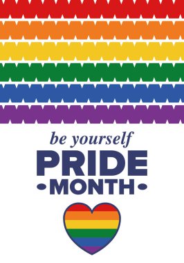 Haziran ayında LGBT Gurur Ayı. Lezbiyen Gey Biseksüel Transseksüel. Yıllık kutlama. LGBT bayrağı. Gökkuşağı aşk konsepti. İnsan hakları ve hoşgörü. Poster, kart, afiş ve geçmiş. Vektör illüstrasyonu