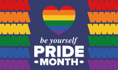 Haziran ayında LGBT Gurur Ayı. Lezbiyen Gey Biseksüel Transseksüel. Yıllık kutlama. LGBT bayrağı. Gökkuşağı aşk konsepti. İnsan hakları ve hoşgörü. Poster, kart, afiş ve geçmiş. Vektör illüstrasyonu