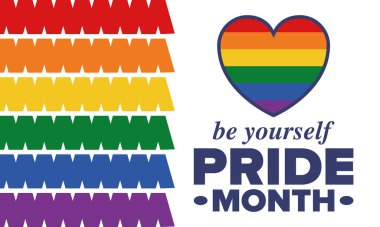 Haziran ayında LGBT Gurur Ayı. Lezbiyen Gey Biseksüel Transseksüel. Yıllık kutlama. LGBT bayrağı. Gökkuşağı aşk konsepti. İnsan hakları ve hoşgörü. Poster, kart, afiş ve geçmiş. Vektör illüstrasyonu