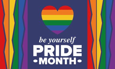 Haziran ayında LGBT Gurur Ayı. Lezbiyen Gey Biseksüel Transseksüel. Yıllık kutlama. LGBT bayrağı. Gökkuşağı aşk konsepti. İnsan hakları ve hoşgörü. Poster, kart, afiş ve geçmiş. Vektör illüstrasyonu