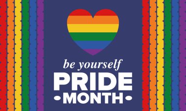 Haziran ayında LGBT Gurur Ayı. Lezbiyen Gey Biseksüel Transseksüel. Yıllık kutlama. LGBT bayrağı. Gökkuşağı aşk konsepti. İnsan hakları ve hoşgörü. Poster, kart, afiş ve geçmiş. Vektör illüstrasyonu