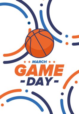 Maç günü. Mart ayında basketbol playoff 'u. Amerika 'da süper spor partisi. Sezon turnuvasının son maçları. Profesyonel takım şampiyonluğu. Basketbol topu. Spor afişi. Vektör