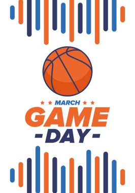 Maç günü. Mart ayında basketbol playoff 'u. Amerika 'da süper spor partisi. Sezon turnuvasının son maçları. Profesyonel takım şampiyonluğu. Basketbol topu. Spor afişi. Vektör