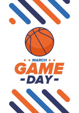 Maç günü. Mart ayında basketbol playoff 'u. Amerika 'da süper spor partisi. Sezon turnuvasının son maçları. Profesyonel takım şampiyonluğu. Basketbol topu. Spor afişi. Vektör