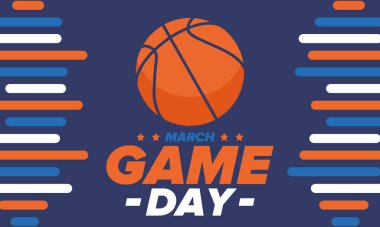 Maç günü. Mart ayında basketbol playoff 'u. Amerika 'da süper spor partisi. Sezon turnuvasının son maçları. Profesyonel takım şampiyonluğu. Basketbol topu. Spor afişi. Vektör