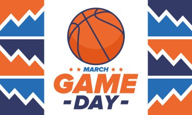 Maç günü. Mart ayında basketbol playoff 'u. Amerika 'da süper spor partisi. Sezon turnuvasının son maçları. Profesyonel takım şampiyonluğu. Basketbol topu. Spor afişi. Vektör