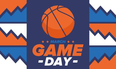 Maç günü. Mart ayında basketbol playoff 'u. Amerika 'da süper spor partisi. Sezon turnuvasının son maçları. Profesyonel takım şampiyonluğu. Basketbol topu. Spor afişi. Vektör