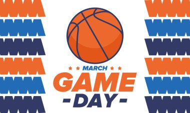 Maç günü. Mart ayında basketbol playoff 'u. Amerika 'da süper spor partisi. Sezon turnuvasının son maçları. Profesyonel takım şampiyonluğu. Basketbol topu. Spor afişi. Vektör