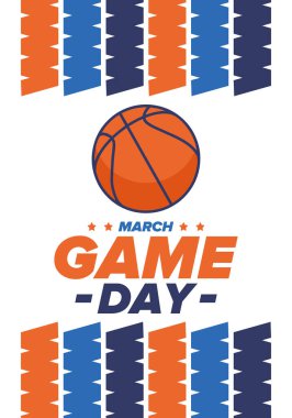 Maç günü. Mart ayında basketbol playoff 'u. Amerika 'da süper spor partisi. Sezon turnuvasının son maçları. Profesyonel takım şampiyonluğu. Basketbol topu. Spor afişi. Vektör
