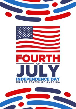 4 Temmuz 'da. Amerika Birleşik Devletleri 'nde Bağımsızlık Günü. 4 Temmuz 'da kutlanan Ulusal Amerikan bayramı kutlu olsun. Amerikan bayrağı. Ülke özgürlüğü günü. Vatansever olay tasarımı. Vektör posteri