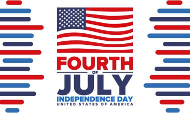 4 Temmuz 'da. Amerika Birleşik Devletleri 'nde Bağımsızlık Günü. 4 Temmuz 'da kutlanan Ulusal Amerikan bayramı kutlu olsun. Amerikan bayrağı. Ülke özgürlüğü günü. Vatansever olay tasarımı. Vektör posteri