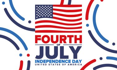 4 Temmuz 'da. Amerika Birleşik Devletleri 'nde Bağımsızlık Günü. 4 Temmuz 'da kutlanan Ulusal Amerikan bayramı kutlu olsun. Amerikan bayrağı. Ülke özgürlüğü günü. Vatansever olay tasarımı. Vektör posteri