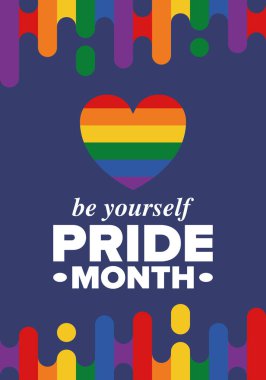 Haziran ayında LGBT Gurur Ayı. Lezbiyen Gey Biseksüel Transseksüel. Yıllık kutlama. LGBT bayrağı. Gökkuşağı aşk konsepti. İnsan hakları ve hoşgörü. Poster, kart, afiş ve geçmiş. Vektör illüstrasyonu