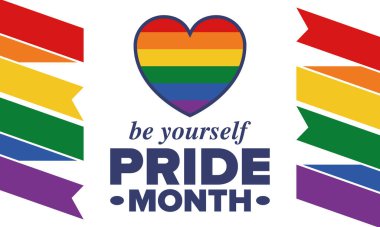 Haziran ayında LGBT Gurur Ayı. Lezbiyen Gey Biseksüel Transseksüel. Yıllık kutlama. LGBT bayrağı. Gökkuşağı aşk konsepti. İnsan hakları ve hoşgörü. Poster, kart, afiş ve geçmiş. Vektör illüstrasyonu