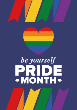 Haziran ayında LGBT Gurur Ayı. Lezbiyen Gey Biseksüel Transseksüel. Yıllık kutlama. LGBT bayrağı. Gökkuşağı aşk konsepti. İnsan hakları ve hoşgörü. Poster, kart, afiş ve geçmiş. Vektör illüstrasyonu