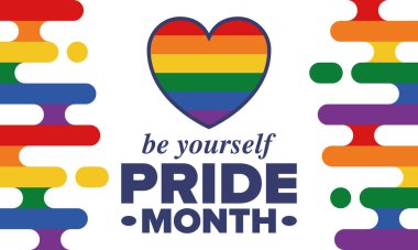 Haziran ayında LGBT Gurur Ayı. Lezbiyen Gey Biseksüel Transseksüel. Yıllık kutlama. LGBT bayrağı. Gökkuşağı aşk konsepti. İnsan hakları ve hoşgörü. Poster, kart, afiş ve geçmiş. Vektör illüstrasyonu