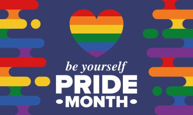 Haziran ayında LGBT Gurur Ayı. Lezbiyen Gey Biseksüel Transseksüel. Yıllık kutlama. LGBT bayrağı. Gökkuşağı aşk konsepti. İnsan hakları ve hoşgörü. Poster, kart, afiş ve geçmiş. Vektör illüstrasyonu