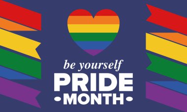 Haziran ayında LGBT Gurur Ayı. Lezbiyen Gey Biseksüel Transseksüel. Yıllık kutlama. LGBT bayrağı. Gökkuşağı aşk konsepti. İnsan hakları ve hoşgörü. Poster, kart, afiş ve geçmiş. Vektör illüstrasyonu