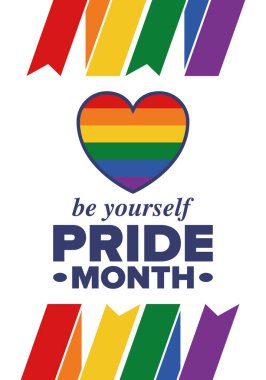 Haziran ayında LGBT Gurur Ayı. Lezbiyen Gey Biseksüel Transseksüel. Yıllık kutlama. LGBT bayrağı. Gökkuşağı aşk konsepti. İnsan hakları ve hoşgörü. Poster, kart, afiş ve geçmiş. Vektör illüstrasyonu