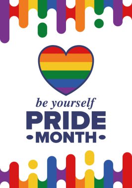 Haziran ayında LGBT Gurur Ayı. Lezbiyen Gey Biseksüel Transseksüel. Yıllık kutlama. LGBT bayrağı. Gökkuşağı aşk konsepti. İnsan hakları ve hoşgörü. Poster, kart, afiş ve geçmiş. Vektör illüstrasyonu