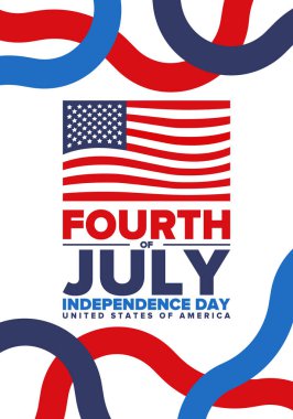 4 Temmuz 'da. Amerika Birleşik Devletleri 'nde Bağımsızlık Günü. 4 Temmuz 'da kutlanan Ulusal Amerikan bayramı kutlu olsun. Amerikan bayrağı. Ülke özgürlüğü günü. Vatansever olay tasarımı. Vektör posteri