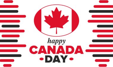 Kanada günün kutlu olsun. Ulusal bayram, her yıl 1 Temmuz 'da kutlanır. Kanada bayrağı. Akçaağaç yaprağı. Vatanseverlik sembolü ve unsurları. Poster, kart, afiş ve geçmiş. Vektör illüstrasyonu