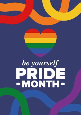 Haziran ayında LGBT Gurur Ayı. Lezbiyen Gey Biseksüel Transseksüel. Yıllık kutlama. LGBT bayrağı. Gökkuşağı aşk konsepti. İnsan hakları ve hoşgörü. Poster, kart, afiş ve geçmiş. Vektör illüstrasyonu