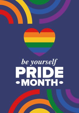 Haziran ayında LGBT Gurur Ayı. Lezbiyen Gey Biseksüel Transseksüel. Yıllık kutlama. LGBT bayrağı. Gökkuşağı aşk konsepti. İnsan hakları ve hoşgörü. Poster, kart, afiş ve geçmiş. Vektör illüstrasyonu