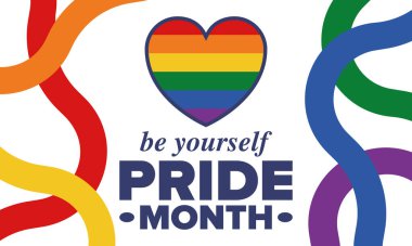 Haziran ayında LGBT Gurur Ayı. Lezbiyen Gey Biseksüel Transseksüel. Yıllık kutlama. LGBT bayrağı. Gökkuşağı aşk konsepti. İnsan hakları ve hoşgörü. Poster, kart, afiş ve geçmiş. Vektör illüstrasyonu