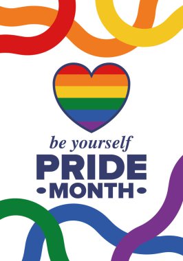 Haziran ayında LGBT Gurur Ayı. Lezbiyen Gey Biseksüel Transseksüel. Yıllık kutlama. LGBT bayrağı. Gökkuşağı aşk konsepti. İnsan hakları ve hoşgörü. Poster, kart, afiş ve geçmiş. Vektör illüstrasyonu