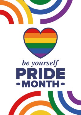 Haziran ayında LGBT Gurur Ayı. Lezbiyen Gey Biseksüel Transseksüel. Yıllık kutlama. LGBT bayrağı. Gökkuşağı aşk konsepti. İnsan hakları ve hoşgörü. Poster, kart, afiş ve geçmiş. Vektör illüstrasyonu
