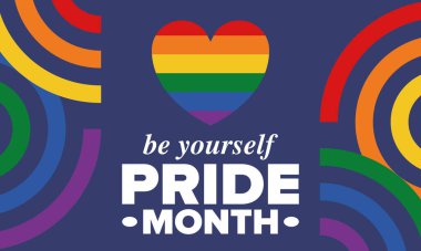 Haziran ayında LGBT Gurur Ayı. Lezbiyen Gey Biseksüel Transseksüel. Yıllık kutlama. LGBT bayrağı. Gökkuşağı aşk konsepti. İnsan hakları ve hoşgörü. Poster, kart, afiş ve geçmiş. Vektör illüstrasyonu