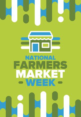 ABD 'de Ulusal Çiftçi Pazarı Haftası. Sağlıklı bir toplum, yerel ekonomiye destek. Amerika 'da tarımın gelişimi. Poster, tebrik kartı, afiş, geçmiş. Vektör