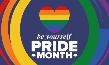 Haziran ayında LGBT Gurur Ayı. Lezbiyen Gey Biseksüel Transseksüel. Yıllık kutlama. LGBT bayrağı. Gökkuşağı aşk konsepti. İnsan hakları ve hoşgörü. Poster, kart, afiş ve geçmiş. Vektör illüstrasyonu