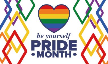 Haziran ayında LGBT Gurur Ayı. Lezbiyen Gey Biseksüel Transseksüel. Yıllık kutlama. LGBT bayrağı. Gökkuşağı aşk konsepti. İnsan hakları ve hoşgörü. Poster, kart, afiş ve geçmiş. Vektör illüstrasyonu