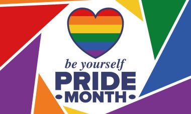 Haziran ayında LGBT Gurur Ayı. Lezbiyen Gey Biseksüel Transseksüel. Yıllık kutlama. LGBT bayrağı. Gökkuşağı aşk konsepti. İnsan hakları ve hoşgörü. Poster, kart, afiş ve geçmiş. Vektör illüstrasyonu