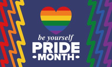 Haziran ayında LGBT Gurur Ayı. Lezbiyen Gey Biseksüel Transseksüel. Yıllık kutlama. LGBT bayrağı. Gökkuşağı aşk konsepti. İnsan hakları ve hoşgörü. Poster, kart, afiş ve geçmiş. Vektör illüstrasyonu